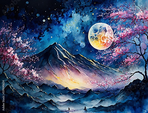 Beautiful spring landscape, Mountain watercolor background, Landscape painting, Watercolor landscape, Ocean watercolor hand painting illustration, Cherry blossom landscape.