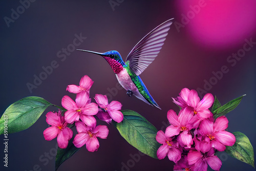Fiery throated hummingbird flying next to a blooming pink flower, generative AI