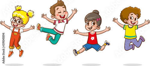 Happy Little Kids Having Fun. vector illustration of cute kids jumping dancing