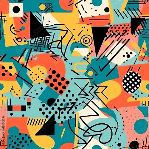 Various shapes and textures in a creative Seamless Pattern. AI generation