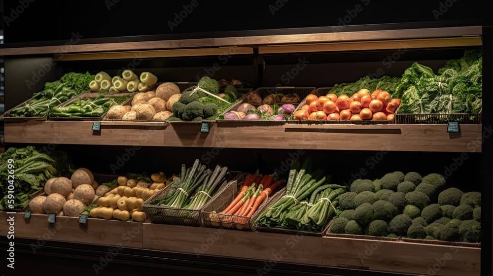 A grocery store with a shelf full of vegetables, generative ai