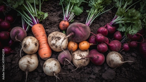 A variety of vegetables are laid out in the soil., generative ai