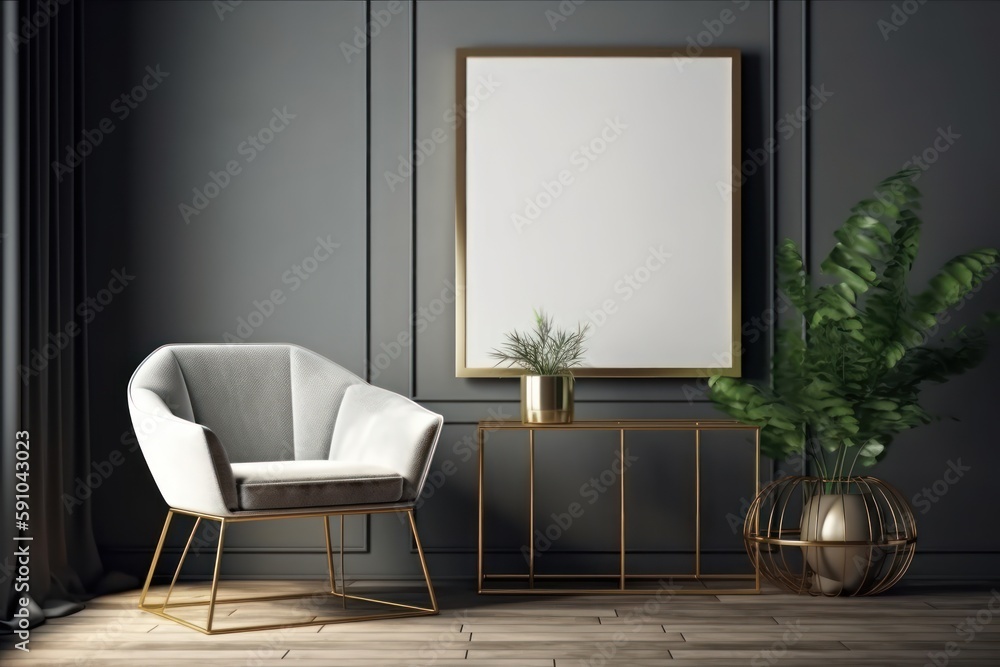 Minimalist Glam: A Modern Chair and Blank Frame in a Room with Golden Touches Minimalist Glam: A Modern Chair and Blank Frame in a Room with Golden Touches
