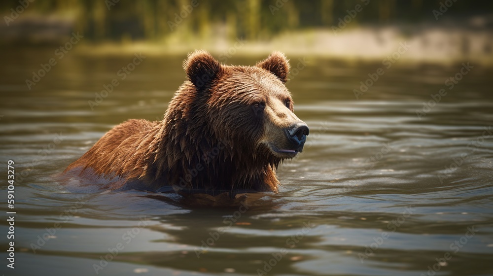 a brown bear swims in the river on a warm summer day. wild animals. generative ai a brown bear swims in the river on a warm summer day. wild animals. generative ai