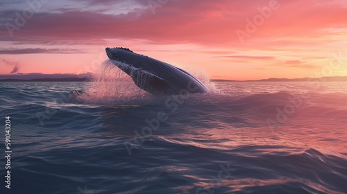 a whale jumps out of the water in the sunset rays of the sun in the ocean. Pisces. generative ai © robertuzhbt89