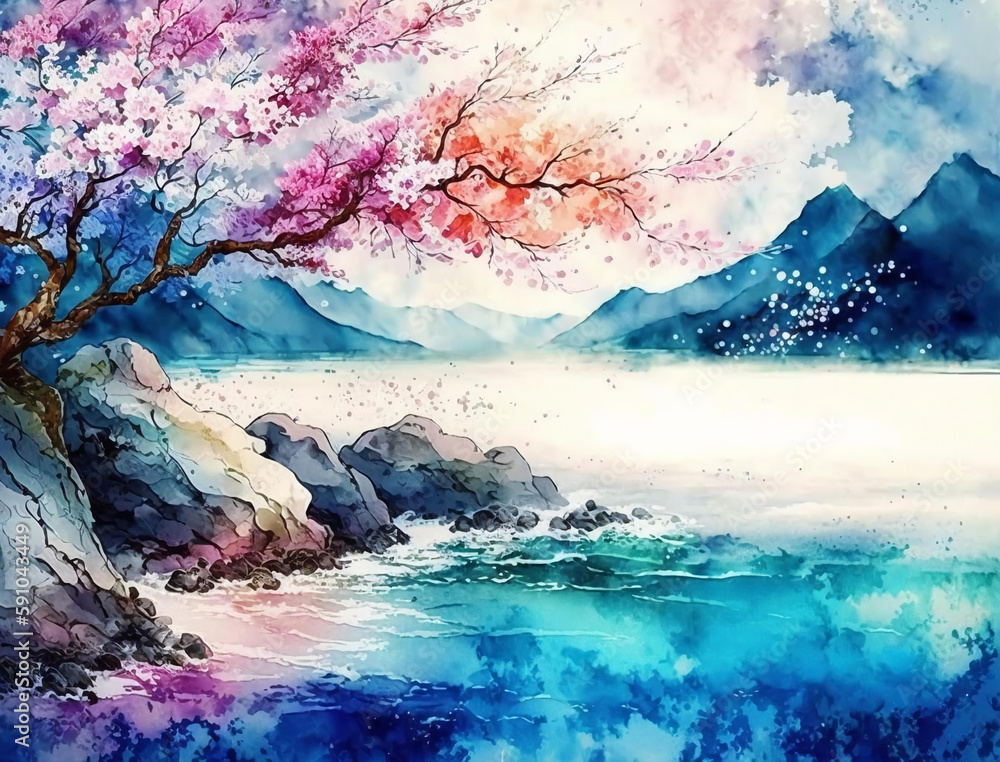Beautiful spring landscape, Summer beach watercolor background, Landscape painting, Watercolor landscape, Ocean watercolor hand painting illustration, Cherry blossom landscape.