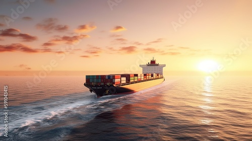 a merchant ship with boats sails in the sea. concept of delivery of goods by sea transport. generative ai