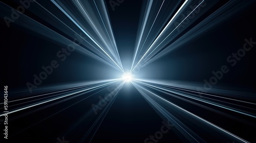a lens light glowing brightly on black background, abstract background with rays, technology background. Generative AI