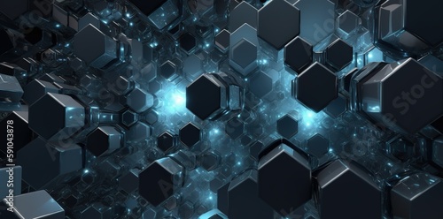 blue 3d hexagon backdrop dark blue on space technology light background, black hexagon dark background. Generative AI