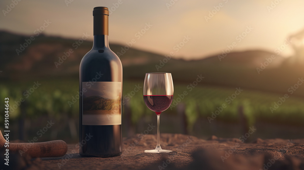 bottle of red with a glass on the background of vineyards. generative ai