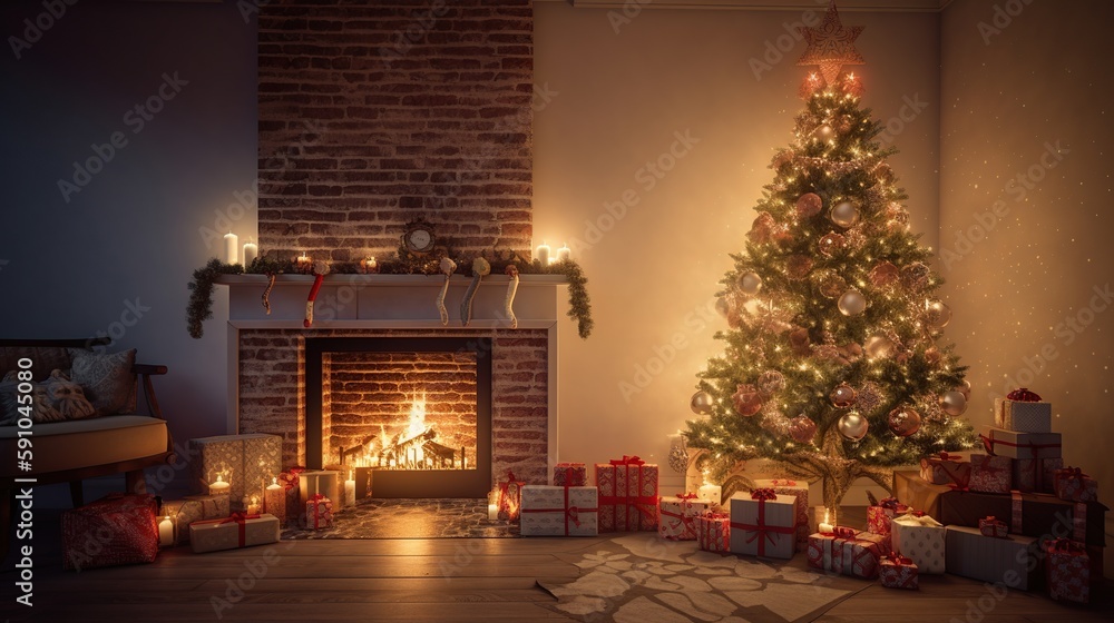 Christmas tree with gifts near the fireplace in the room. Christmas background. generative ai