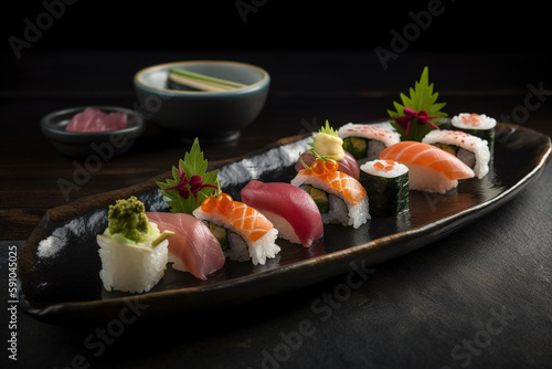 Sushi platter, featuring a variety of fresh fish, sushi rolls, and elegant garnishes, presented on a sleek, modern plate. Generative Ai