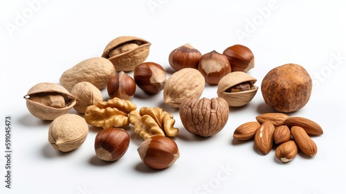 different types of nuts on a white background. generative ai