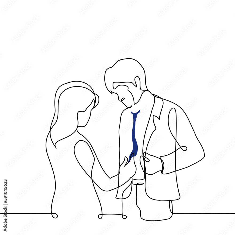 woman corrects a man in a business suit tie, helps to dress, evaluates a tie - one line drawing vector. concept of helping to dress, stylist woman corrects a man in a business suit tie, helps to dress, evaluates a tie - one line drawing vector. concept of helping to dress, stylist