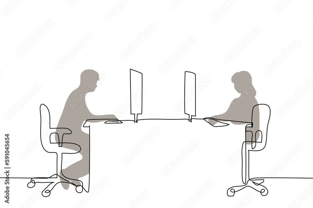 silhouettes of people sitting at their desks in the office opposite
