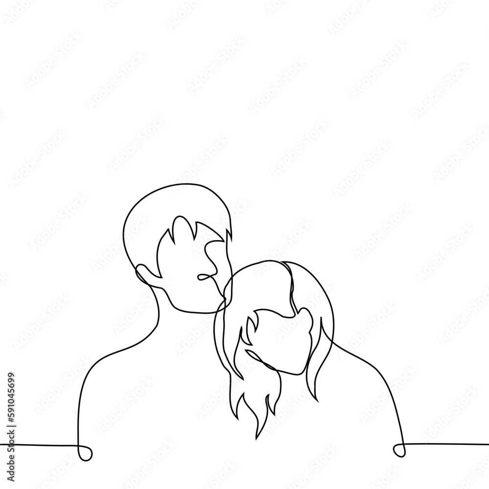 woman laid her head on the chest of a man - one line drawing vector. touch concept, couple