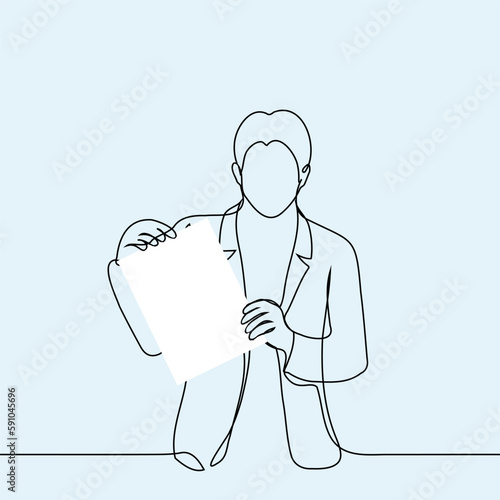 man in a jacket stands pointing at a piece of paper in his hands - one line drawing vector. the concept of signing a document, concluding a contract