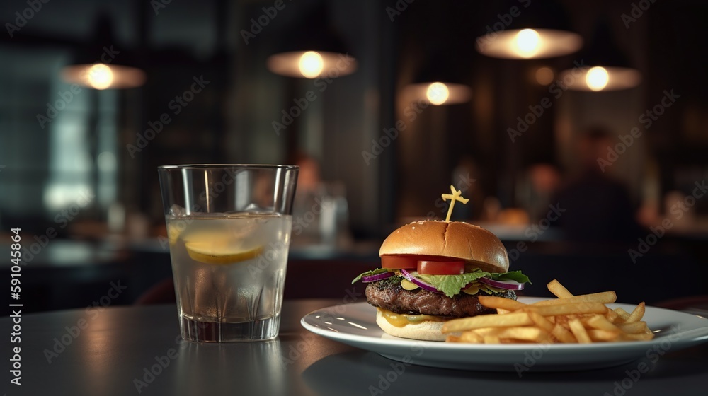 tasty hamburger with fries and drinks on the table on the cafe background. fast food concept. generative ai
