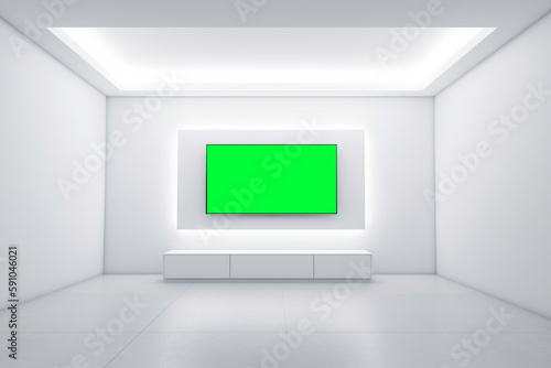 tv with green background. plasma in a minimalist room.