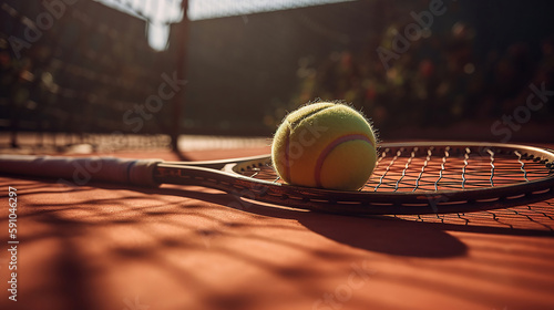 Tennis balls and racket on the grass court. Generative AI technology © Malika