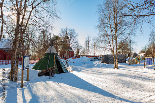 Sami village in Kiruna in Sweden. Lapland with reindeer and huts photo