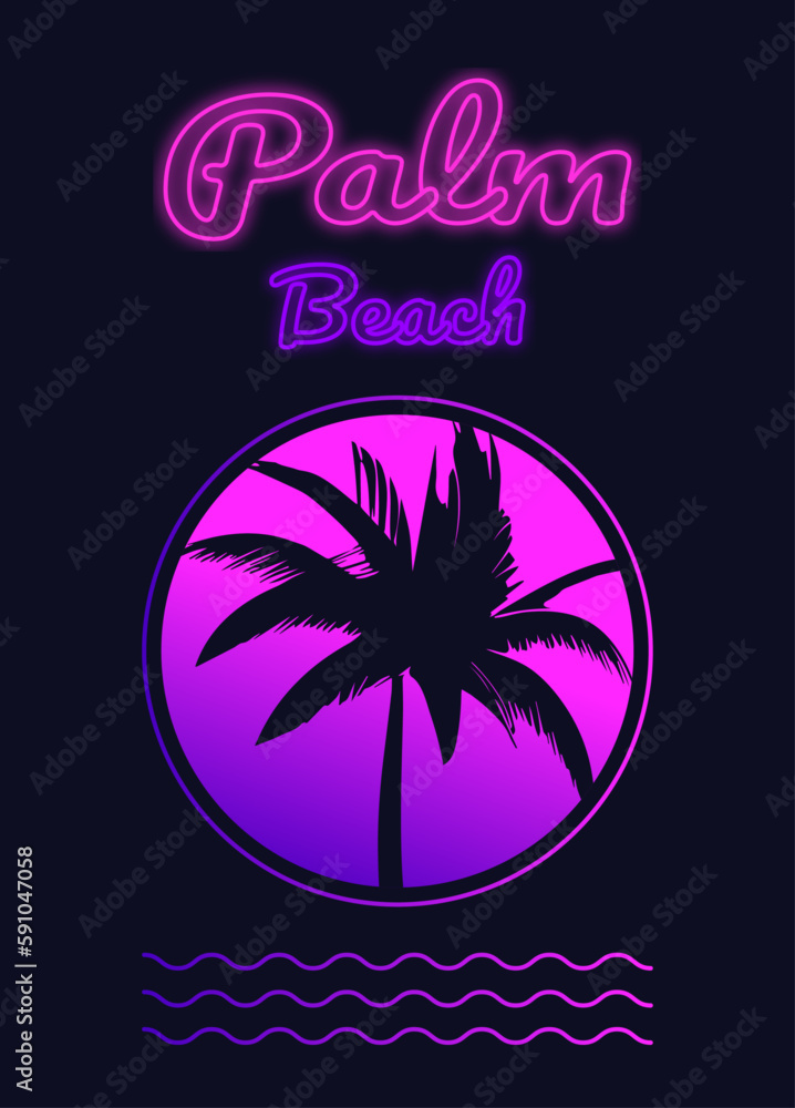 Fototapeta premium Tropical vector illustration of a poster with a palm tree. Neon text Palm beach. Trending neon gradient.