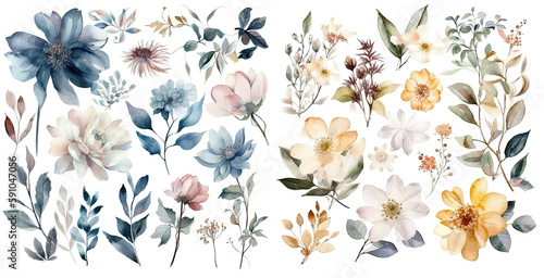 Fototapeta Set of watercolor flowers leaves and twigs on a white background