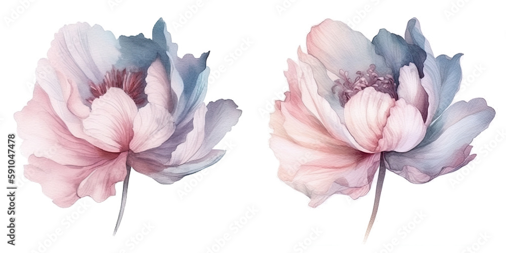 Set of watercolor flowers leaves and twigs on a white background,ai