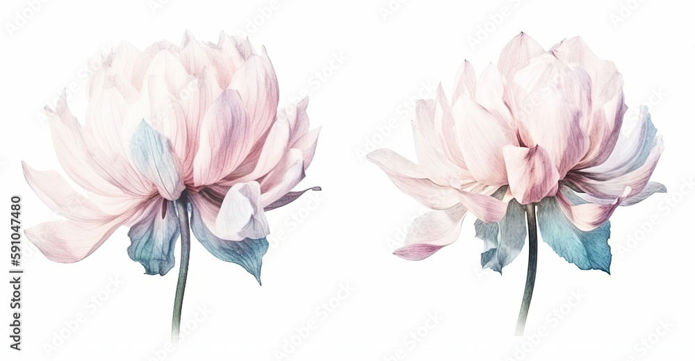 Set of watercolor flowers leaves and twigs on a white background,ai