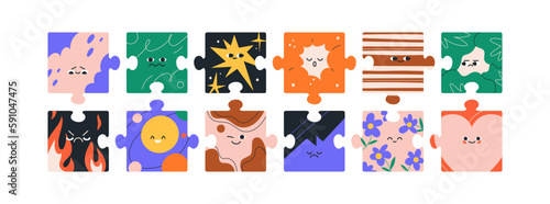Cute puzzle characters set. Abstract funny faces on creative jigsaw design pieces. Kids game with emotions, expressions, mood, feelings. Colored flat vector illustrations isolated on white background