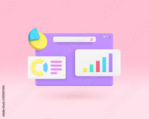 Business workflow data analyzing bar graph diagram internet browser 3d icon realistic vector