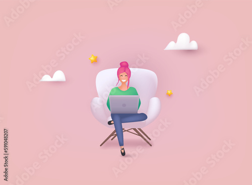 Girl with laptop sitting on the chair. Freelance or studying concept. 3D Web Vector Illustrations.