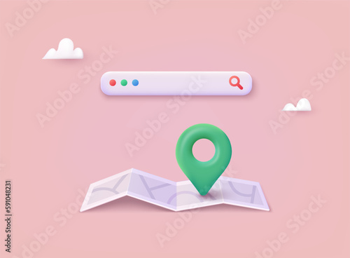 Location folded paper map, search bar and pin isolated. GPS and Navigation Symbol. Element for Map, Social Media, Mobile Apps. 3D Web Vector Illustrations.