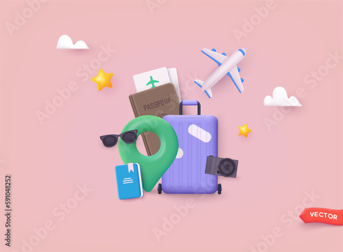 Banner with traveling and tourism elements. Colorful touristic objects like backpack, suitcase, map and globe and place for text. Summer holiday background. 3D Web Vector Illustrations.