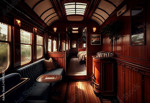 Canvas Print Train car interior, 19th century, wood, luxury. Generative AI