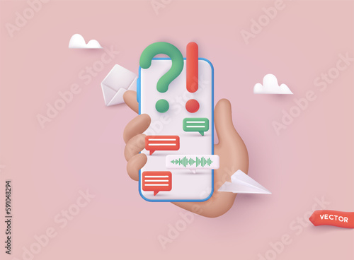 Question and Answers concept. Hand hold smartphone with support app. 3D Web Vector Illustrations.