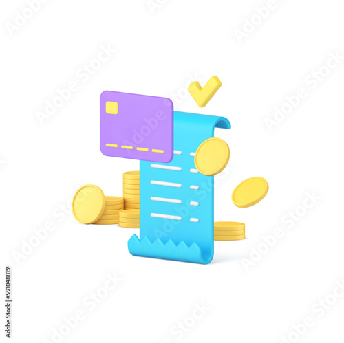 Card payment complete receipt invoice flying golden coin cash money 3d icon realistic vector