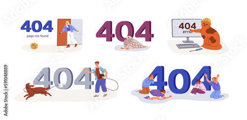 404 error page designs set. Web site problem, failure, website access denied concept. Unavailable webpage, inaccessible network mistake. Flat graphic vector illustration isolated on white background