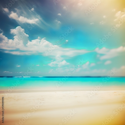 Abstract blur defocused background. Tropical summer beach with golden sand  turquoise ocean and blue sky with white clouds on bright sunny day. Colorful landscape for summer holidays Generative AI