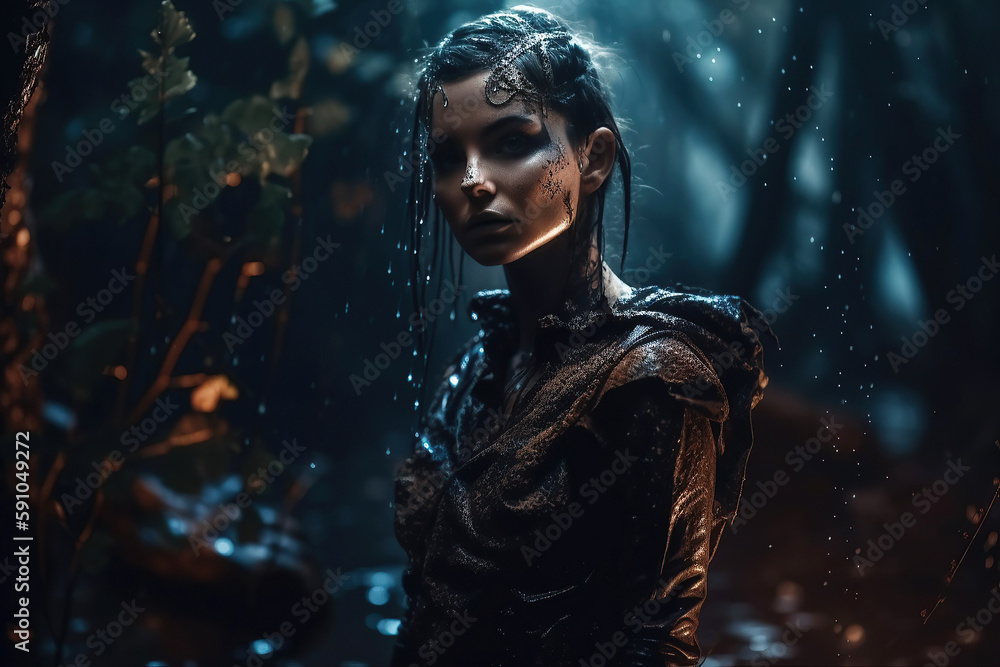 A large portrait of a fantastic dark elf or dryad in heavy armor, with white hair against a forest background. illustration of Generative AI. A large portrait of a fantastic dark elf or dryad in heavy armor, with white hair against a forest background. illustration of Generative AI.