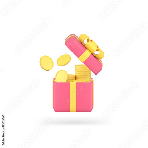 Financial gift box open present surprise full of golden cash coin money stack 3d icon vector