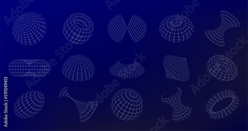 Wireframe Geometric Shapes. Grid retrofuturistic shapes arranged in perspective with sense of depth and dimension. Vector 3D complex abstract forms set