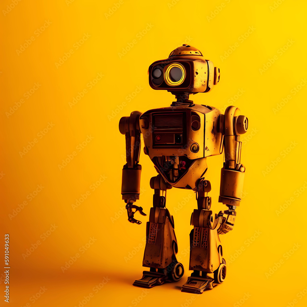 Robot on a yellow background. Generative AI.