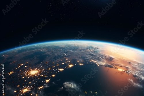 Beautiful planet earth with night city lights. Europe and Africa at night viewed from space with city lights showing human activity in Germany  Poland  Italy  Egypt  Generative AI