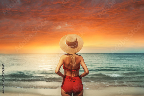Beautiful young girl with a straw hat in a vintage red swimsuit stands by the ocean at amazing sunset, back view. Summer time. Generative AI