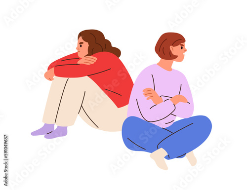 Offended disagreed girls friends in conflict. Relationship problem, disagreement between two people, misunderstanding and separation concept. Flat vector illustration isolated on white background