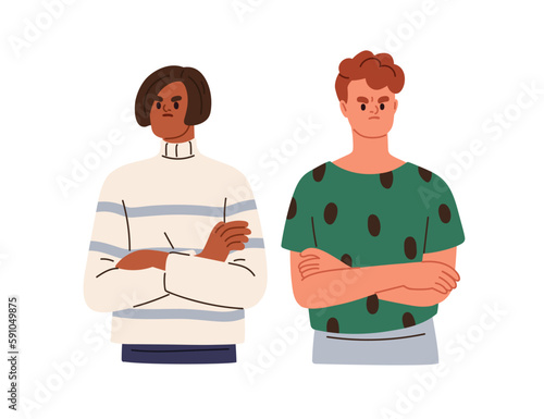 Couple relationship crisis, problem concept. Angry annoyed offended woman and man. Misunderstanding, bad negative communication. Flat graphic vector illustration isolated on white background