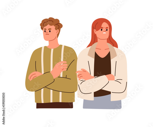 Disagreement, misunderstanding between man and woman, family couple. Angry annoyed people in conflict. Relationship problem concept. Flat graphic vector illustration isolated on white background