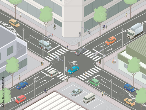 アイソメトリック図法で描いた市街地にある信号交差点のイメージC / Japanese intersection. Isometric illustration