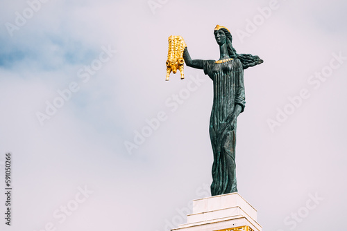 Batumi, Adjara, Georgia. Statue Of Medea On Sky Background In Europe Square. Woman Holding Golden Fleece. In Greek Mythology, Medea Was Daughter Of King Aeetes Of Colchis And Wife To Hero Jason photo